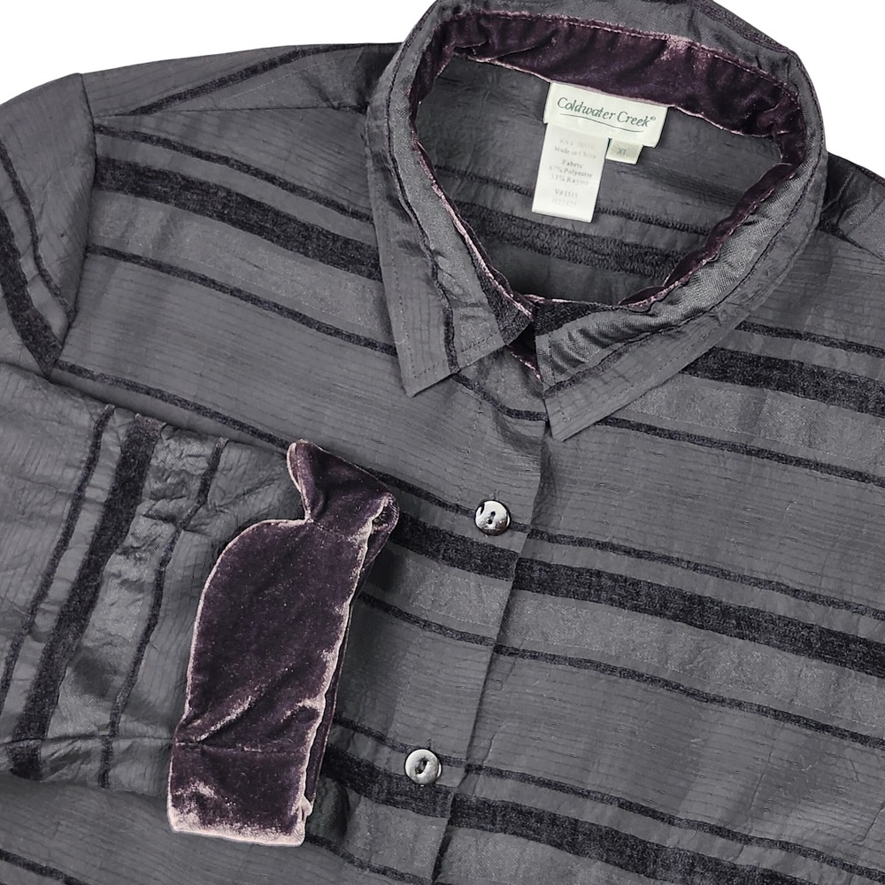Coldwater Creek Button Up‎ Shirt Womens XL Black Striped Velvet Trim Long Sleeve